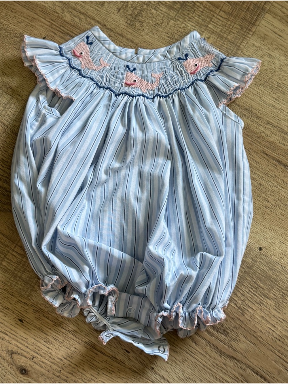 Blue Striped Baby One-Piece Bodysuit with Pink Whale Smocking